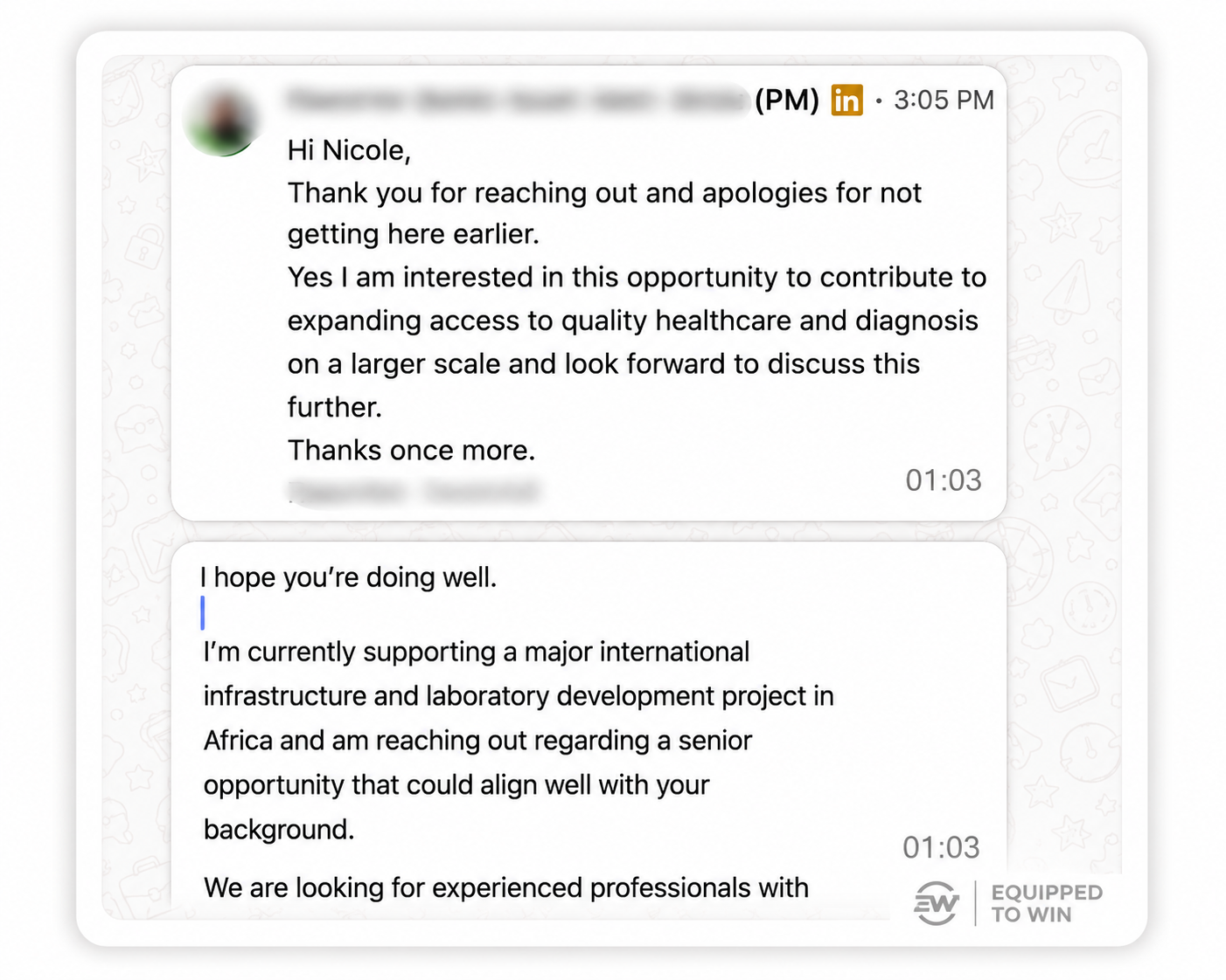 Recruiter message regarding an Infrastructure Project role