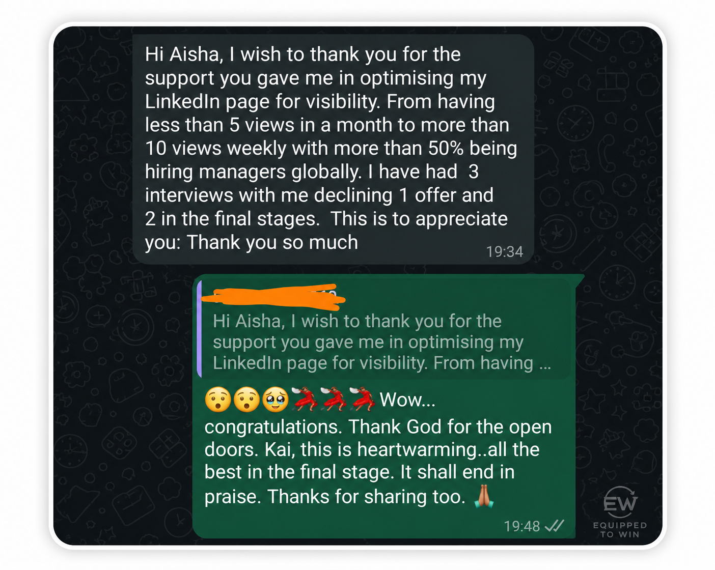 WhatsApp message showing increase in weekly recruiter profile visibility