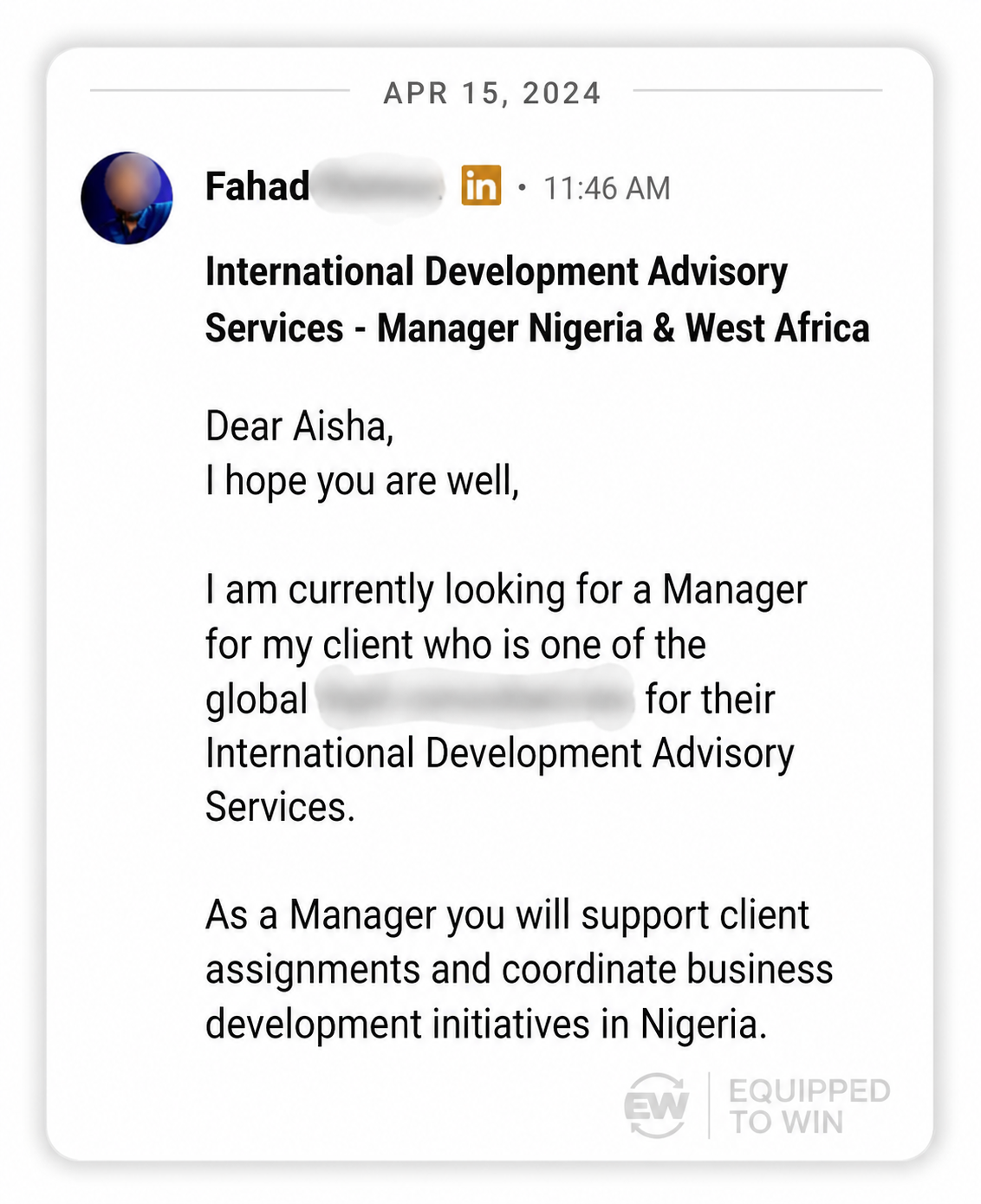 Recruiter message to an International Development Manager